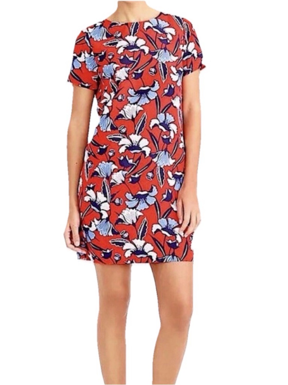 J. Crew Red Floral Shift Dress with Blue & White Blooms